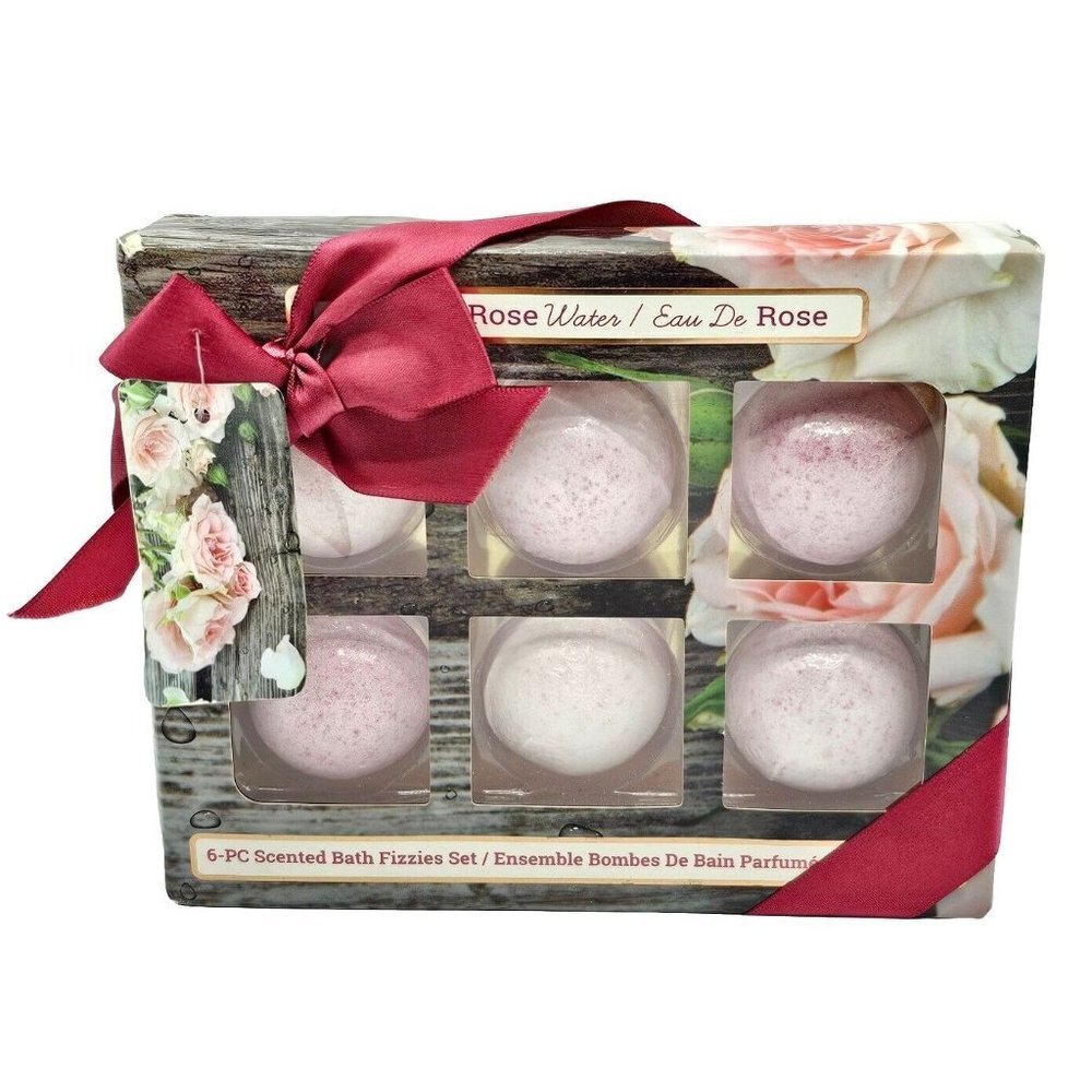 Pure Spa 6 Piece Rose Water Scented Bath Fizzies Bombs Gift Set Pink Six Balls